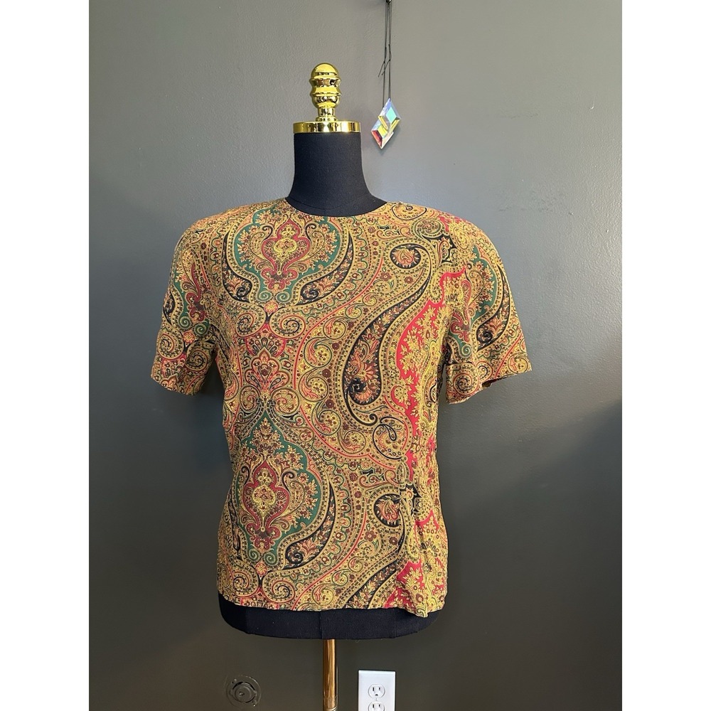 Vintage Jones New York Gold Yellow Paisley Shoulder Pads Short Sleeve Top 8